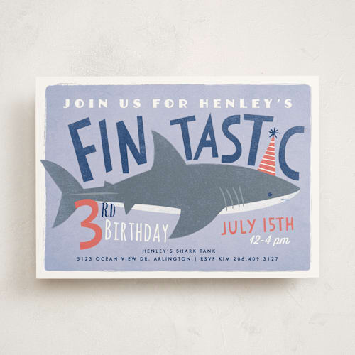 This is a midnight kids birthday invitations with standard by Karidy Walker called shark tank printing on signature in standard