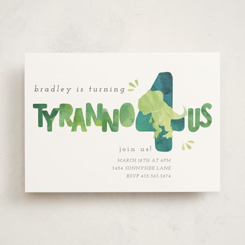 This is a lime kids birthday invitations with standard by Cindy Denning called dino party printing on signature in standard