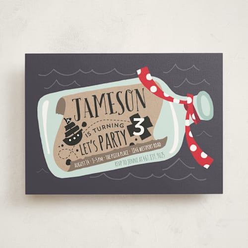 This is a cherry red kids birthday invitations with standard by JeAnna Casper called message in a bottle printing on signature in standard