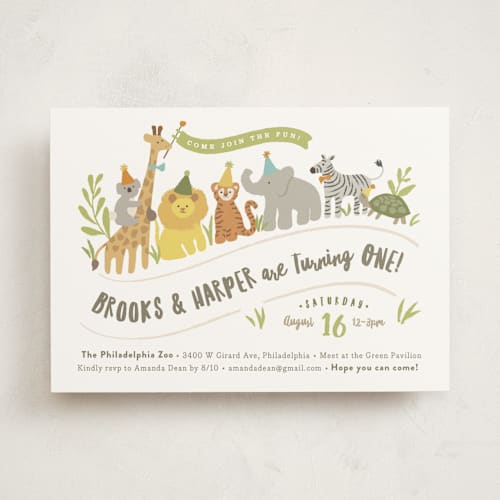 This is a pear kids birthday invitations with standard by Jennifer Wick called animals on parade printing on signature in standard