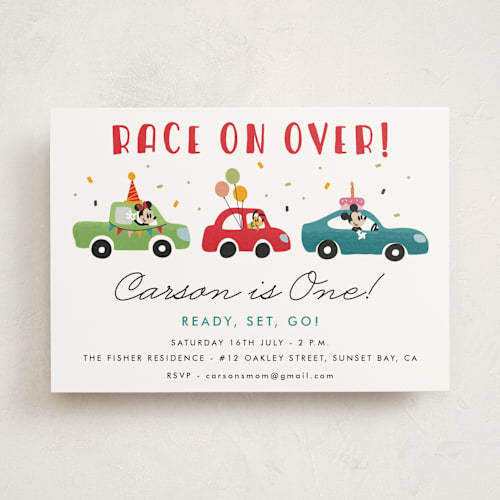 This is a candy kids birthday invitations with standard by Oma N. Ramkhelawan called disney's mickey mouse race printing on signature in standard