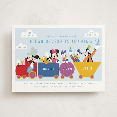 This is a sky kids birthday invitations with standard by Madhvi Samimi called disney mickey & friends birthday train printing on signature in standard