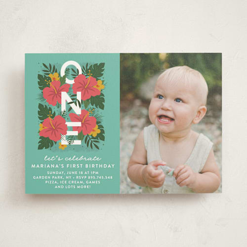 This is a evergreen kids birthday invitations with standard by Joanne James called festive one printing on signature in standard