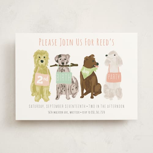 This is a peony kids birthday invitations with standard by Shiny Penny Studio called puppy line-up printing on signature in standard