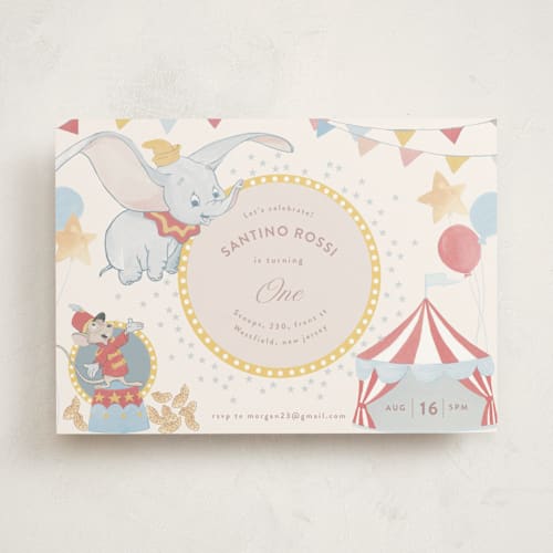 This is a sugar kids birthday invitations with standard by Teju Reval called disney's dumbo printing on signature in standard