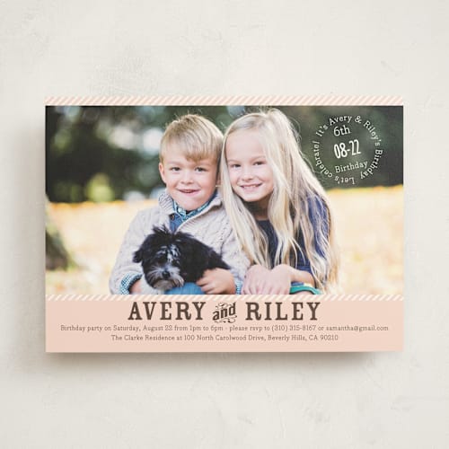 This is a soft rose kids birthday invitations with standard by BeachPaperCo called vintage stripes printing on signature in standard