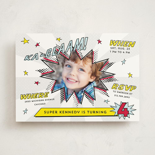 This is a ka-blaam kids birthday invitations with standard by Lehan Veenker called comic superhero printing on signature in standard