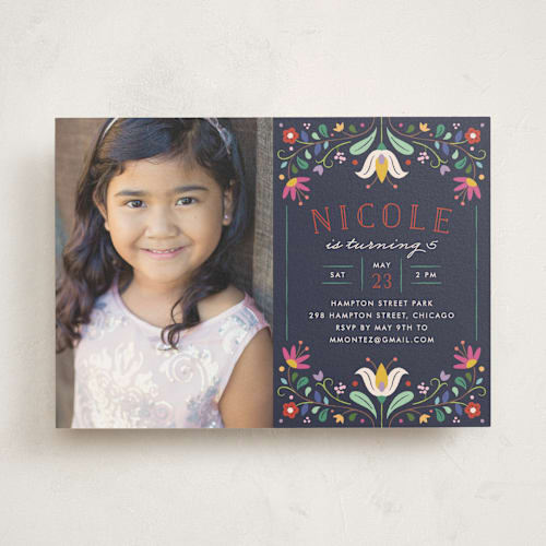 This is a navy kids birthday invitations with standard by Amber Barkley called folk florals printing on signature in standard