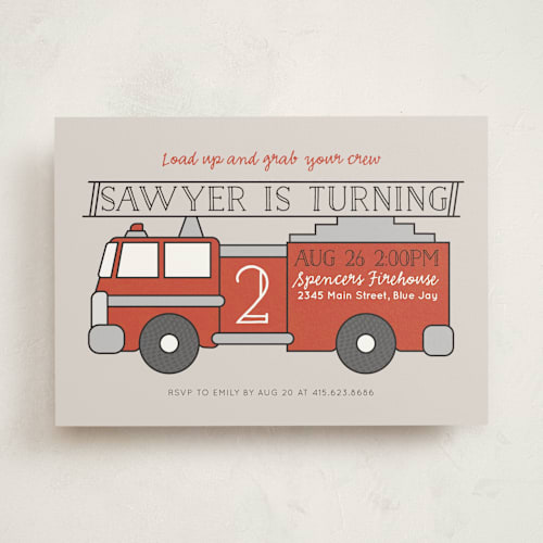 This is a firetruck kids birthday invitations with standard by Korry Brown called fire house party printing on signature in standard