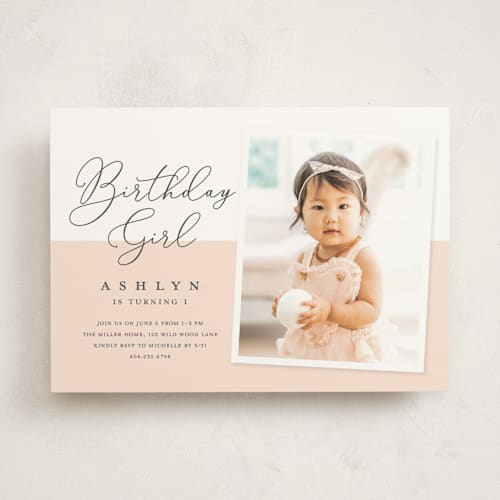 This is a blush kids birthday invitations with standard by Stacey Meacham called modern girl printing on signature in standard