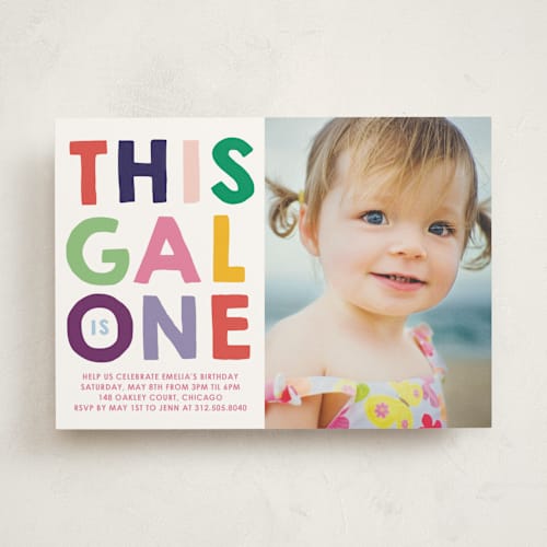 This is a fuchsia kids birthday invitations with standard by Baumbirdy called this gal printing on signature in standard