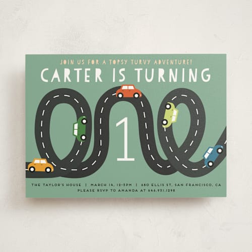 This is a grass kids birthday invitations with standard by Jennifer Lew called little racer printing on signature in standard