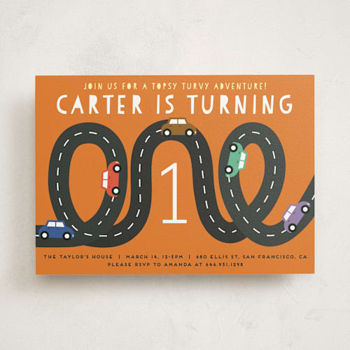 This is a persimmon kids birthday invitations with standard by Jennifer Lew called little racer printing on signature in standard