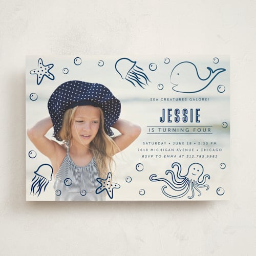 This is a ocean kids birthday invitations with standard by Lehan Veenker called aquatic doodles printing on signature in standard