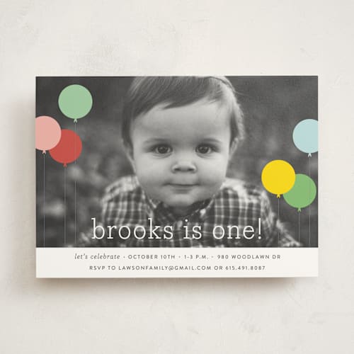 This is a strawberry kids birthday invitations with standard by Sara Hicks Malone called balloon bunch printing on signature in standard