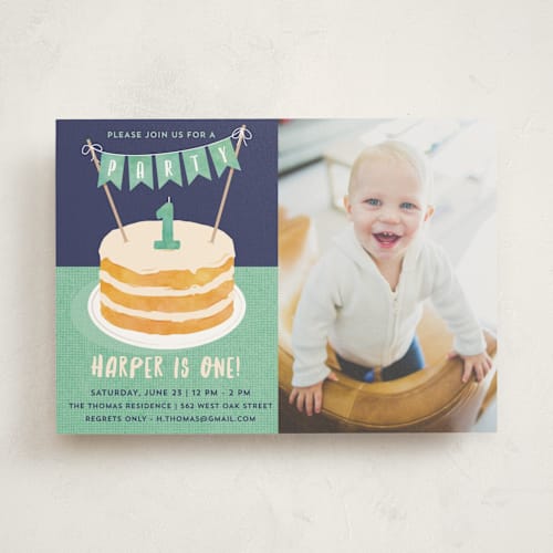 This is a mint kids birthday invitations with standard by Kerry Doyle called buttercream & bunting printing on signature in standard