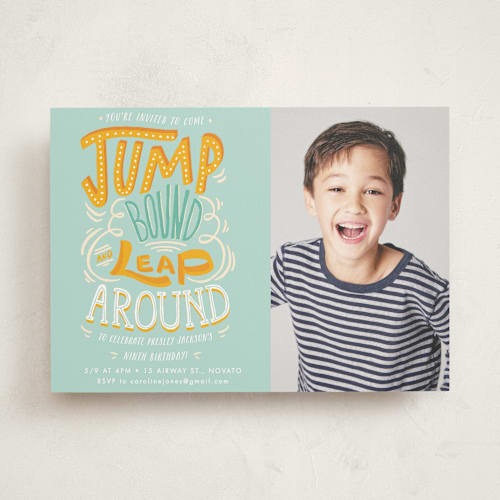 This is a sky kids birthday invitations with standard by Shiny Penny Studio called jump bound & leap printing on signature in standard