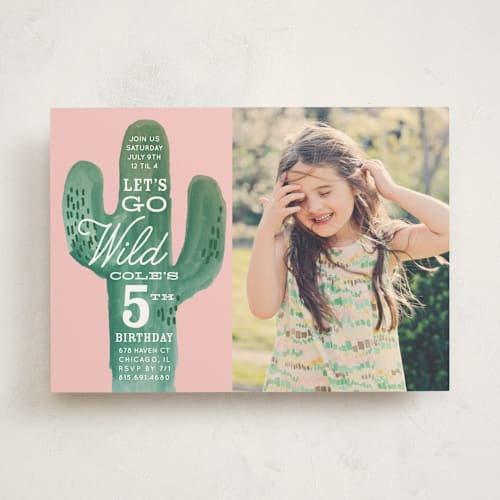 This is a blush kids birthday invitations with standard by Baumbirdy called wild cactus printing on signature in standard