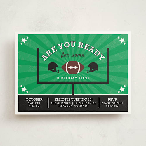 This is a sporting green kids birthday invitations with standard by lena barakat called go team printing on signature in standard