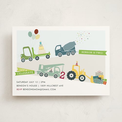 This is a grass kids birthday invitations with standard by Rebecca Bowen called trucks on parade printing on signature in standard