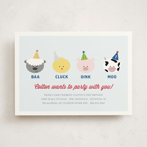 This is a sky blue kids birthday invitations with standard by Leslie Ann Jones called barnyard crew printing on signature in standard