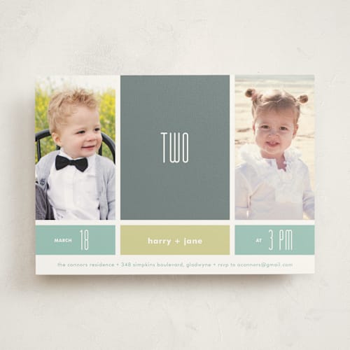 This is a slate kids birthday invitations with standard by Carol Fazio called modern blocks printing on signature in standard