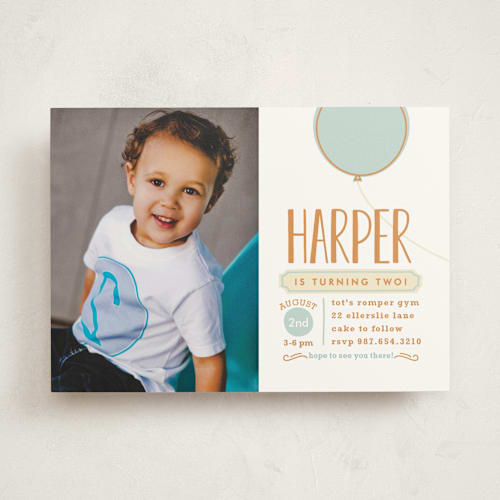This is a sky kids birthday invitations with standard by Melanie Severin called mod balloon printing on signature in standard
