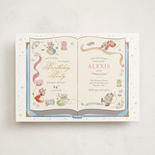 This is a teal kids birthday invitations with standard by Three Wings North called cinderella storybook birthday printing on signature in standard