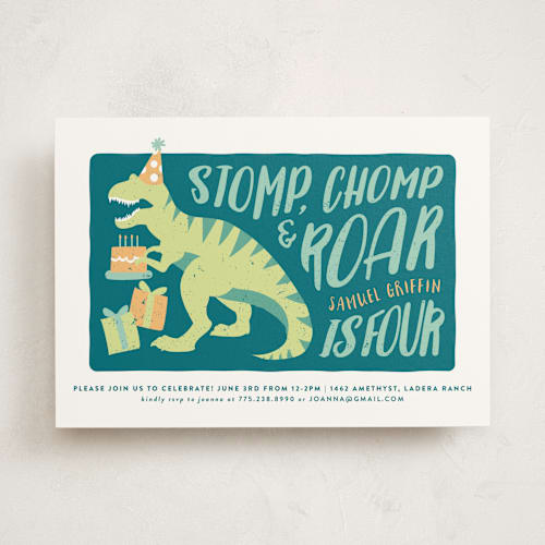This is a jungle kids birthday invitations with standard by Joanna Griffin called stomp and chomp dino printing on signature in standard
