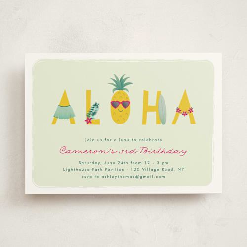 This is a grass kids birthday invitations with standard by Annie Holmquist called aloha printing on signature in standard