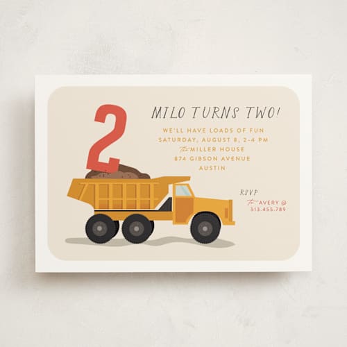 This is a dumptruck kids birthday invitations with standard by Susan Zinader called loads of fun printing on signature in standard