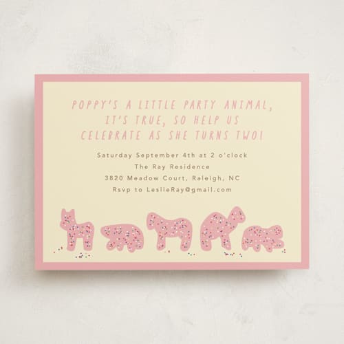 This is a pink sugar kids birthday invitations with standard by Jennifer Postorino called animal cracker parade printing on signature in standard