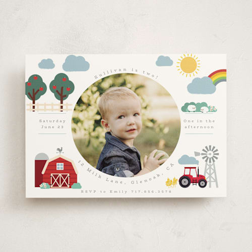 This is a rainbow kids birthday invitations with standard by Hudson meet Rose called down by the farm printing on signature in standard