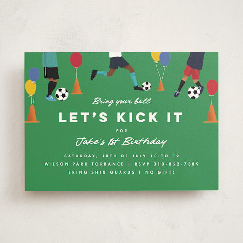 This is a grass kids birthday invitations with standard by Becky Nimoy called kick it soccer ball printing on signature in standard