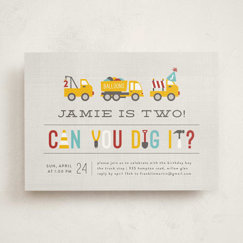 This is a firetruck kids birthday invitations with standard by Michelle Poe called dig it printing on signature in standard