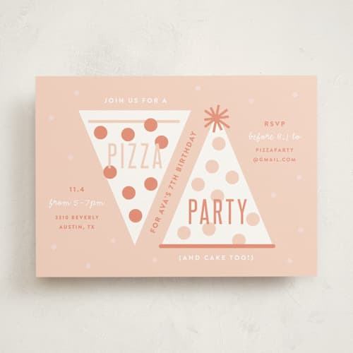 This is a coral kids birthday invitations with standard by Lauren Chism called pizza party hat printing on signature in standard