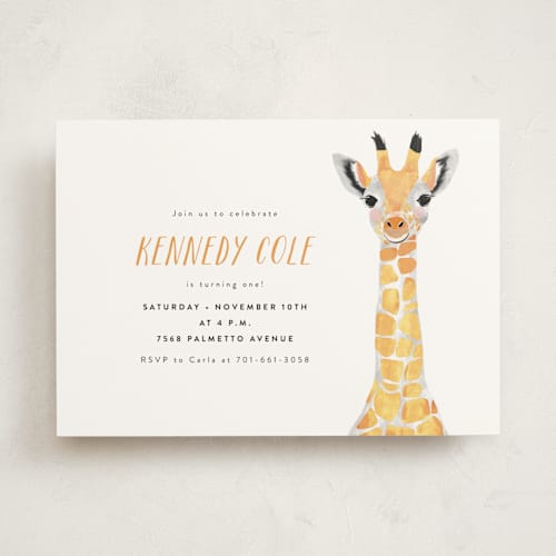 This is a marigold kids birthday invitations with standard by Cass Loh called baby animal giraffe printing on signature in standard