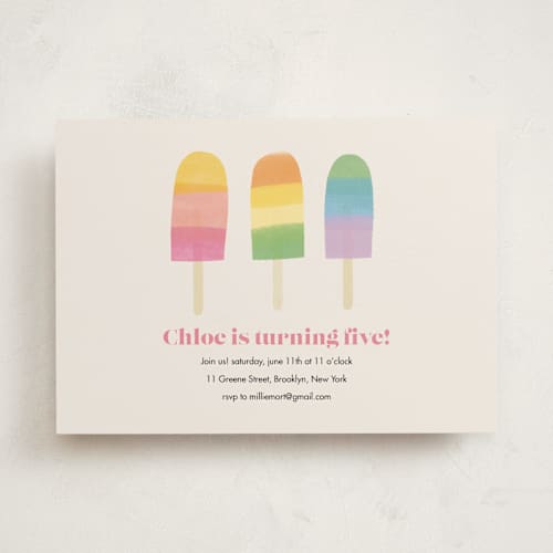This is a pastel rainbow kids birthday invitations with standard by Lauren Semmer called rainbow popsicles printing on signature in standard