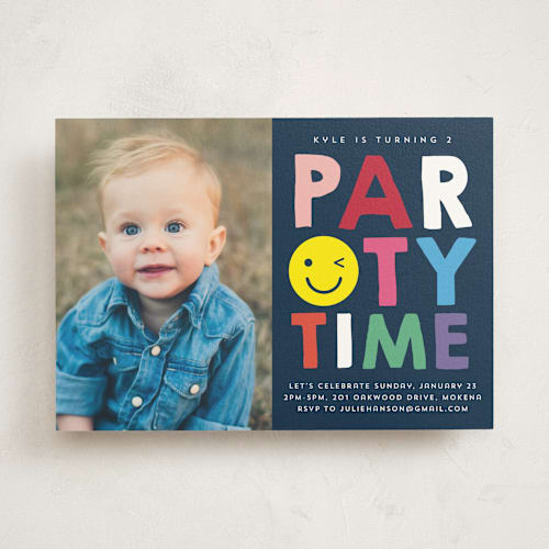 This is a navy kids birthday invitations with standard by Baumbirdy called emoji party printing on signature in standard