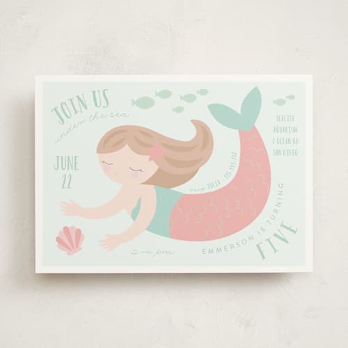 This is a coral kids birthday invitations with standard by Angela Thompson called sweet mermaid printing on signature in standard