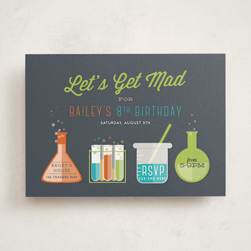 This is a cobblestone kids birthday invitations with standard by Bethany Anderson called mad scientist printing on signature in standard