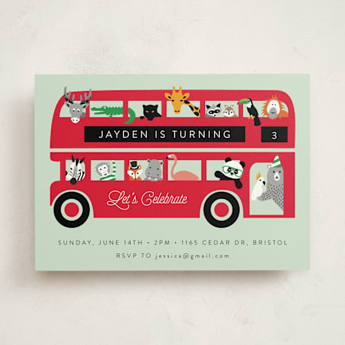 This is a mint kids birthday invitations with standard by Kampai Designs called london zoo printing on signature in standard