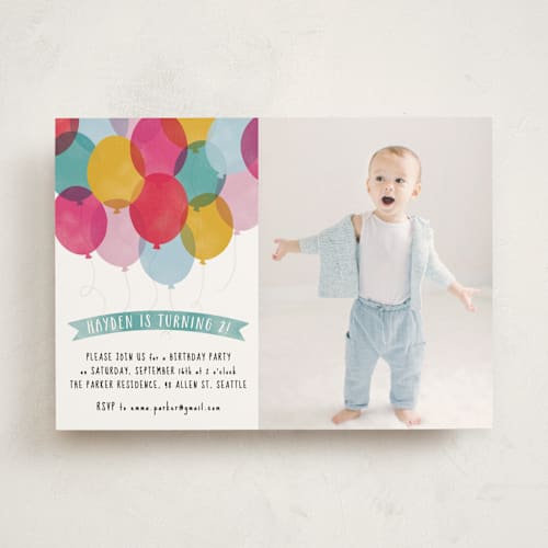 This is a teal kids birthday invitations with standard by Hooray Creative called birthday balloons printing on signature in standard