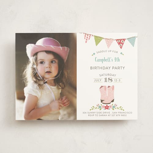 This is a blush kids birthday invitations with standard by Susan Moyal called saddle up! printing on signature in standard