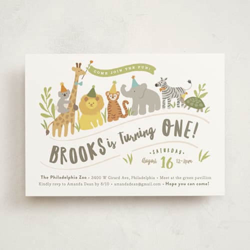 This is a pear kids birthday invitations with standard by Jennifer Wick called animals on parade printing on signature in standard