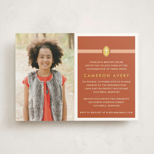 This is a terracotta confirmation invitations cards with standard by Dish and Spoon called ribbon & cross printing on signature in standard