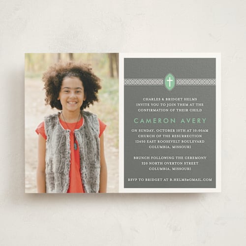 This is a cement confirmation invitations cards with standard by Dish and Spoon called ribbon & cross printing on signature in standard