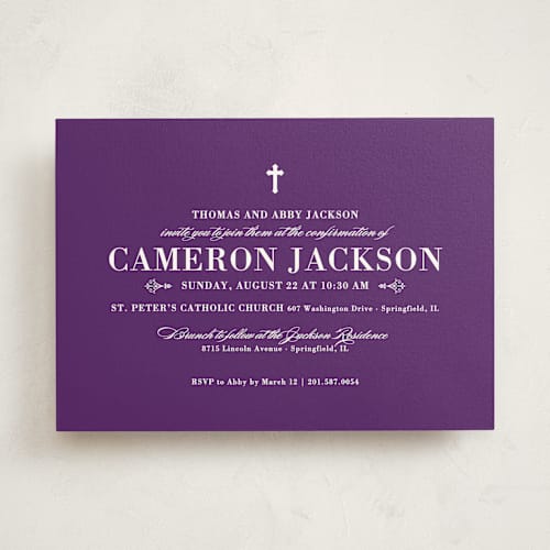 This is a amethyst confirmation invitations cards with standard by Sarah Brown called veracious printing on signature in standard