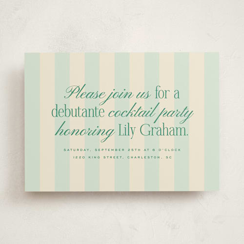This is a teal debutante party invitations with standard by Ellen Schlegelmilch called debutante stripes printing on signature in standard