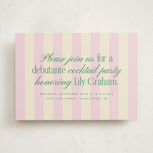 This is a blush debutante party invitations with standard by Ellen Schlegelmilch called debutante stripes printing on signature in standard